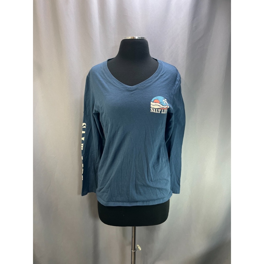 Salt Life Summer Stone Island T Shirt Womens Small Blue Cotton V Neck Preshrunk